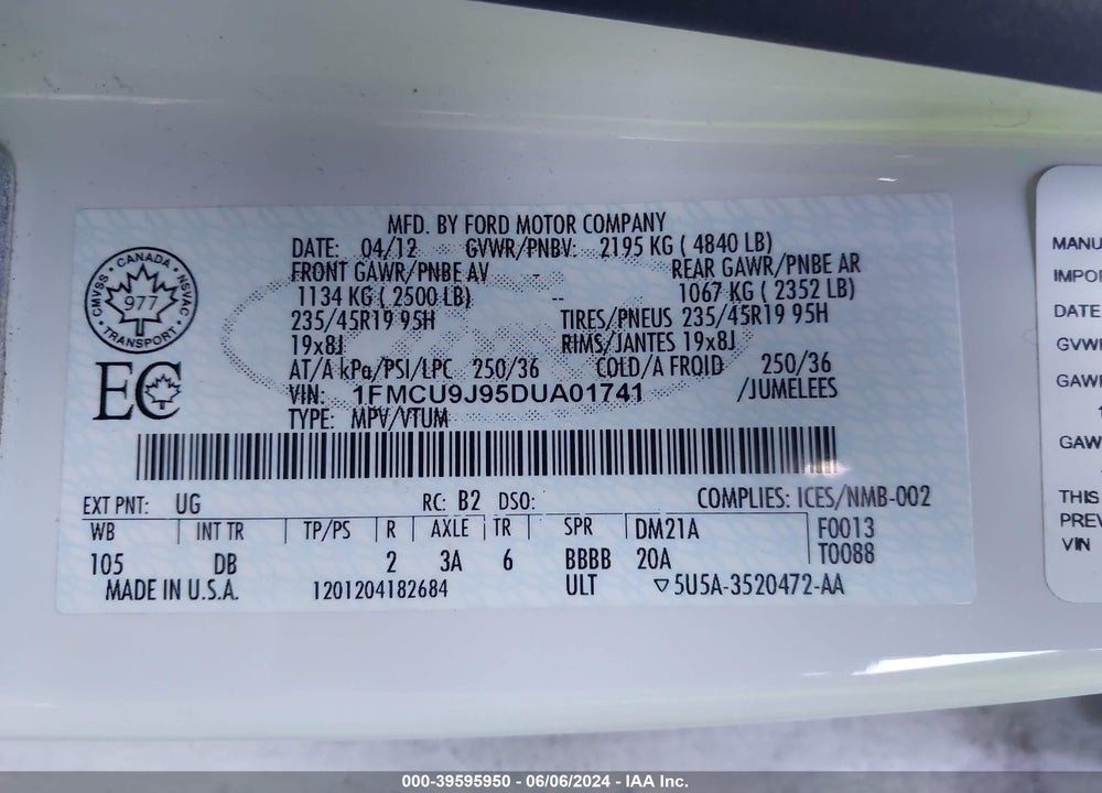 2013 FORD ESCAPE TITANIUM VIN: 1FMCU9J95DUA01741