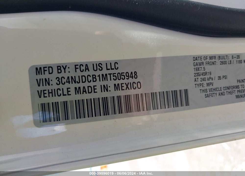 2021 JEEP COMPASS LIMITED 4X4 VIN: 3C4NJDCB1MT505948