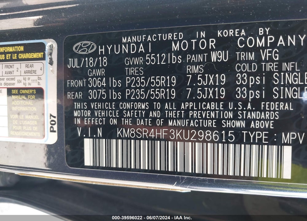 2019 HYUNDAI SANTA FE XL LIMITED ULTIMATE VIN: KM8SR4HF3KU298615