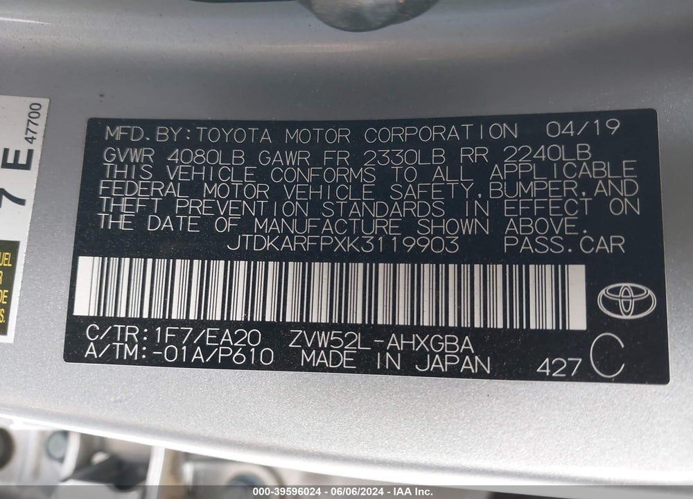 2019 TOYOTA PRIUS PRIME ADVANCED VIN: JTDKARFPXK3119903