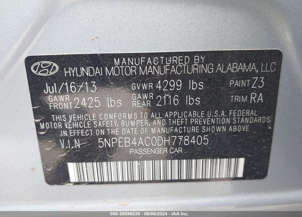 2013 HYUNDAI SONATA GLS VIN: 5NPEB4AC0DH778405