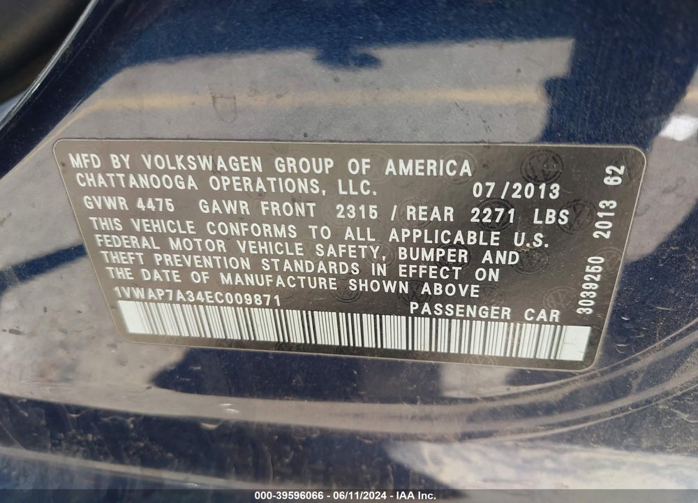 2014 VOLKSWAGEN PASSAT VIN: 1VWAP7A34EC009871