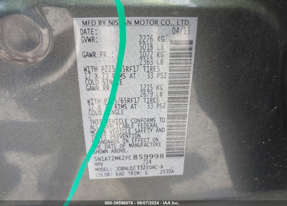 2015 NISSAN ROGUE SV VIN: 5N1AT2MK2FC859998