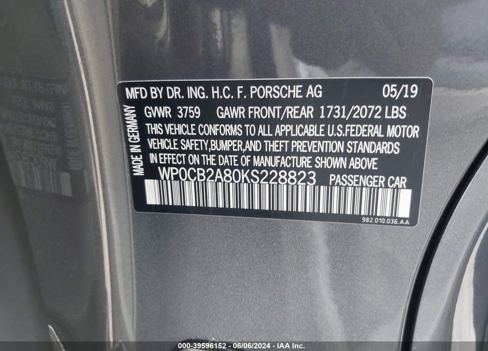 2019 PORSCHE 718 BOXSTER GTS VIN: WP0CB2A80KS228823