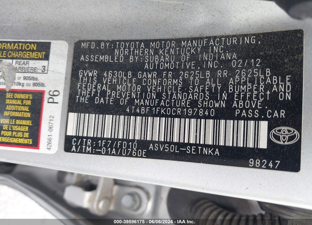 2012 TOYOTA CAMRY LE VIN: 4T4BF1FK0CR197840