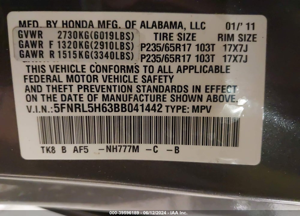 2011 HONDA ODYSSEY EX-L VIN: 5FNRL5H63BB041442