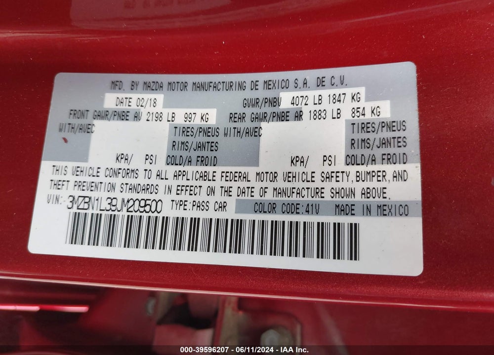 2018 MAZDA 3 TOURING VIN: 3MZBN1L39JM209500