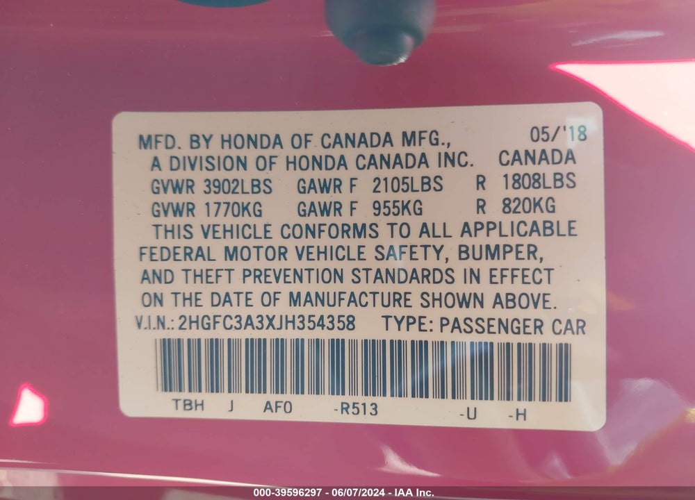 2018 HONDA CIVIC EX-T VIN: 2HGFC3A3XJH354358