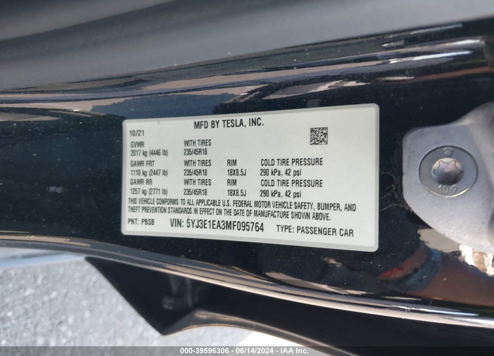 2021 TESLA MODEL 3 VIN: 5YJ3E1EA3MF095764