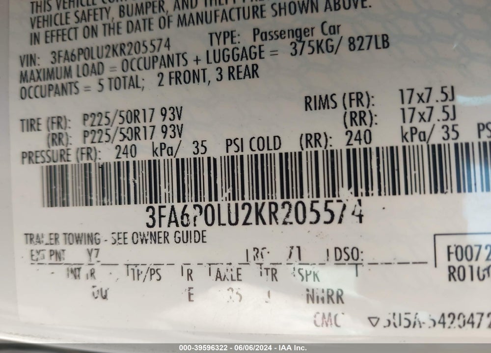 2019 FORD FUSION HYBRID SE VIN: 3FA6P0LU2KR205574