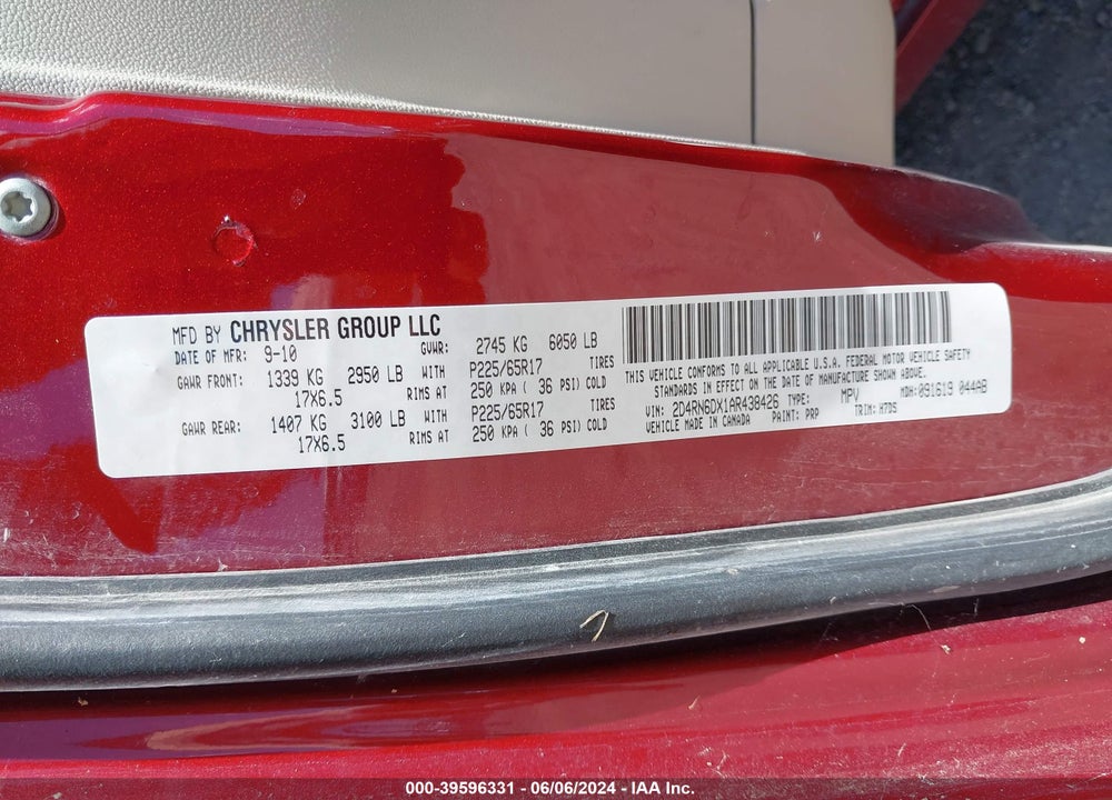 2010 DODGE GRAND CARAVAN CREW VIN: 2D4RN6DX1AR438426