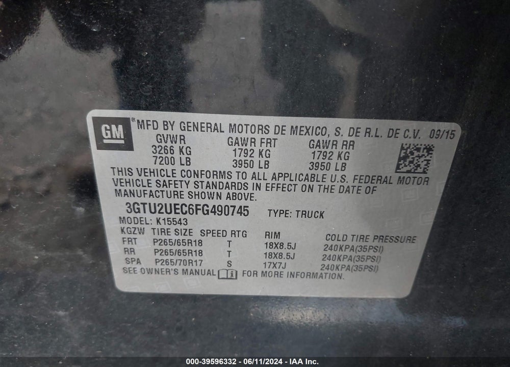 2015 GMC SIERRA 1500 SLE VIN: 3GTU2UEC6FG490745