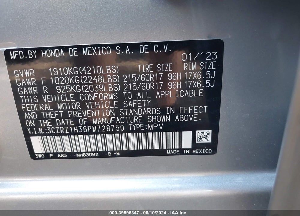 2023 HONDA HR-V 2WD LX VIN: 3CZRZ1H36PM728750