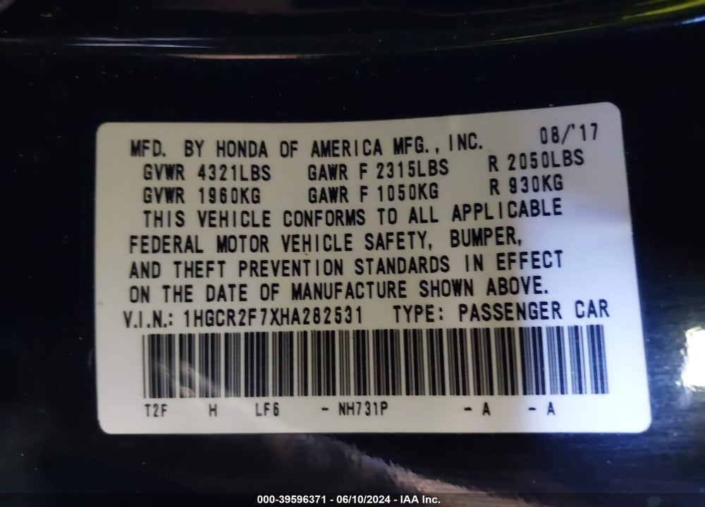 2017 HONDA ACCORD EX VIN: 1HGCR2F7XHA282531