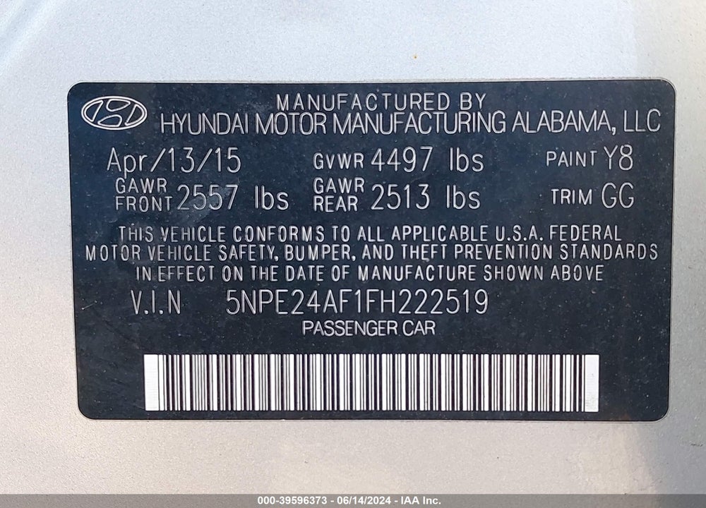 2015 HYUNDAI SONATA SE VIN: 5NPE24AF1FH222519
