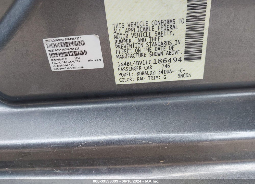 2020 NISSAN ALTIMA S FWD VIN: 1N4BL4BV1LC186494