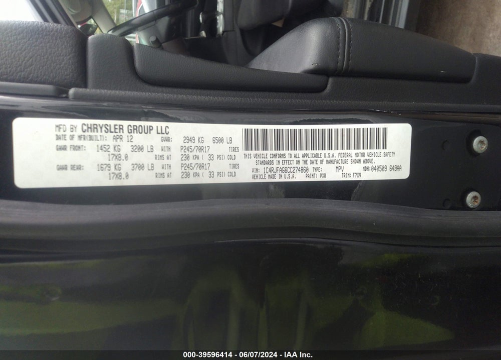 2012 JEEP GRAND CHEROKEE LAREDO VIN: 1C4RJFAG6CC274860