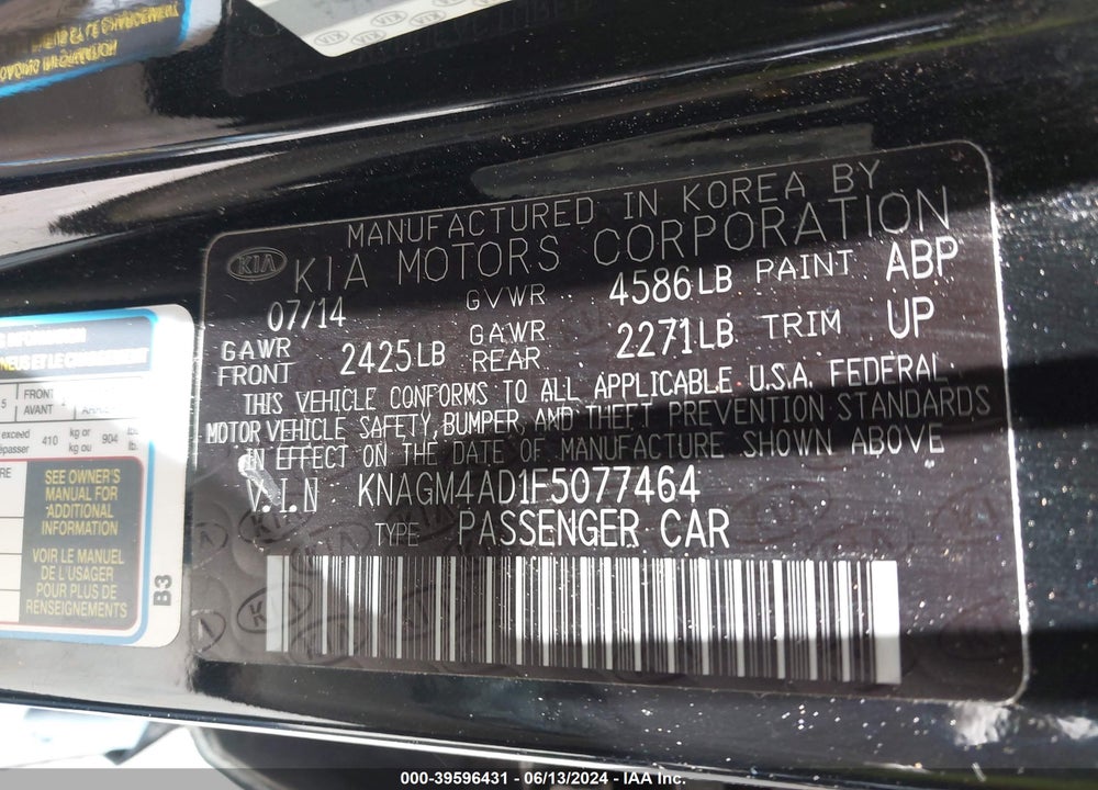 2015 KIA OPTIMA HYBRID VIN: KNAGM4AD1F5077464