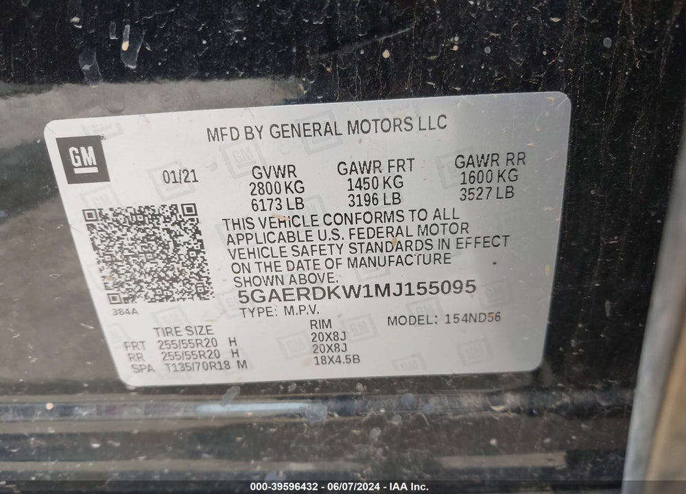 2021 BUICK ENCLAVE FWD AVENIR VIN: 5GAERDKW1MJ155095