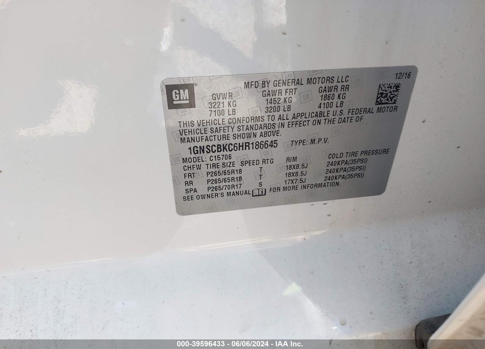 2017 CHEVROLET TAHOE LT VIN: 1GNSCBKC6HR186645