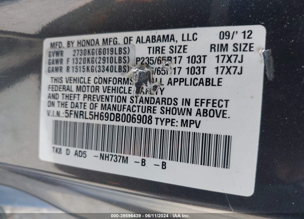 2013 HONDA ODYSSEY EX-L VIN: 5FNRL5H69DB006908