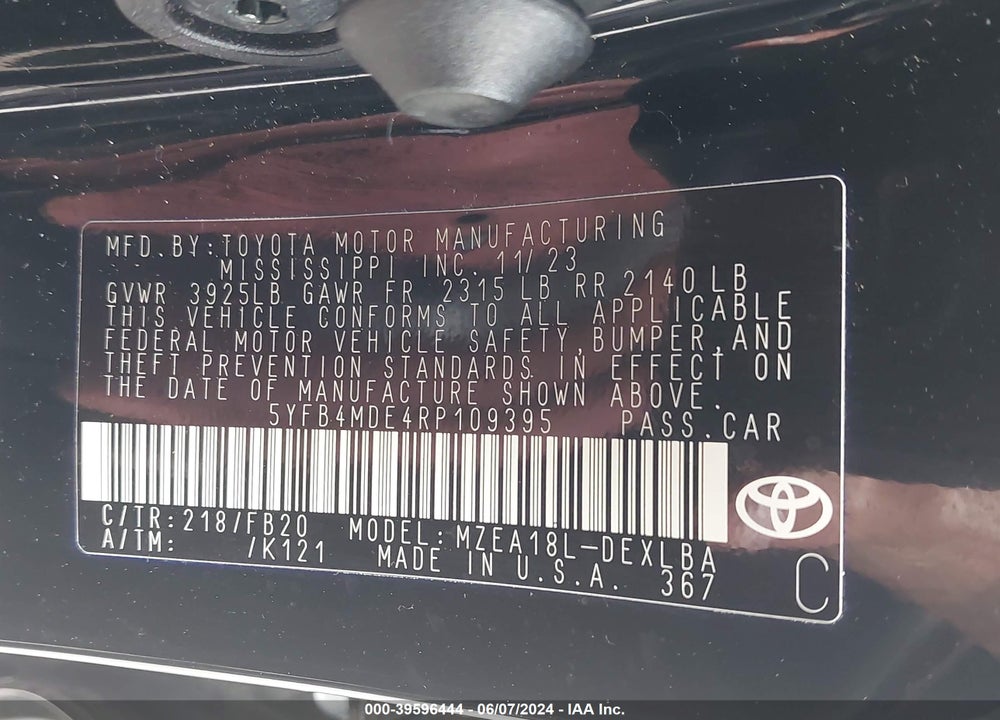 2024 TOYOTA COROLLA LE VIN: 5YFB4MDE4RP109395