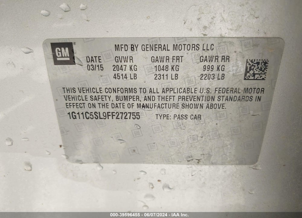 2015 CHEVROLET MALIBU 1LT VIN: 1G11C5SL9FF272755