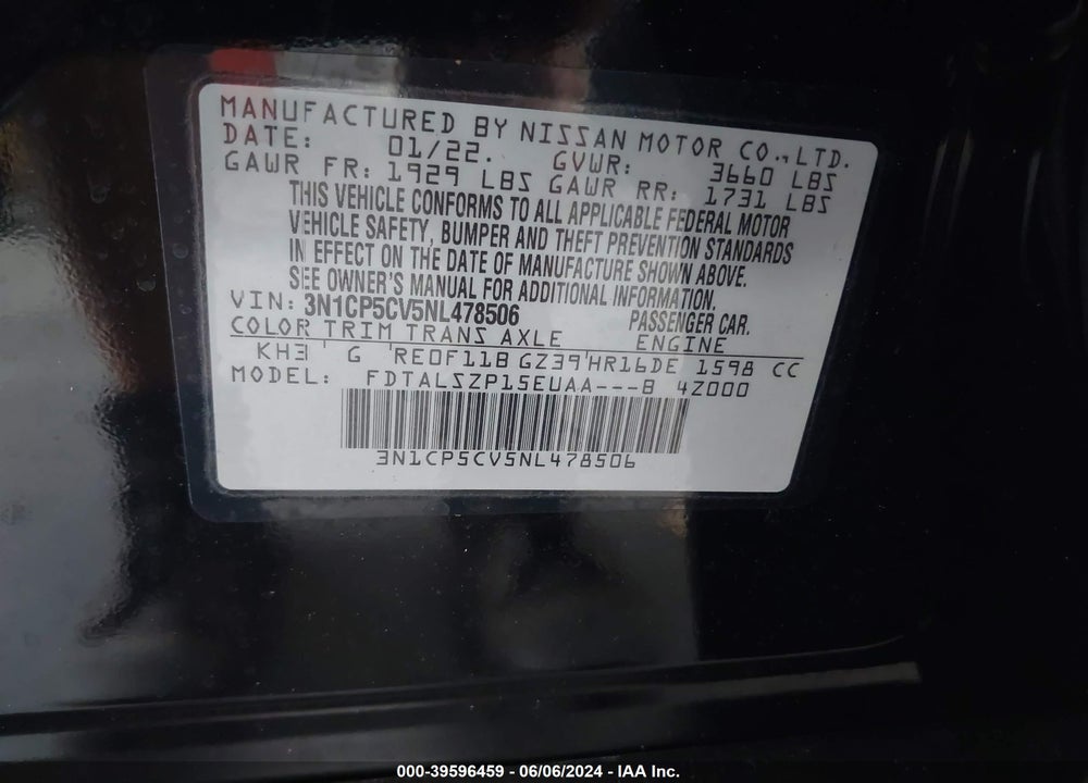 2022 NISSAN KICKS SV XTRONIC CVT VIN: 3N1CP5CV5NL478506