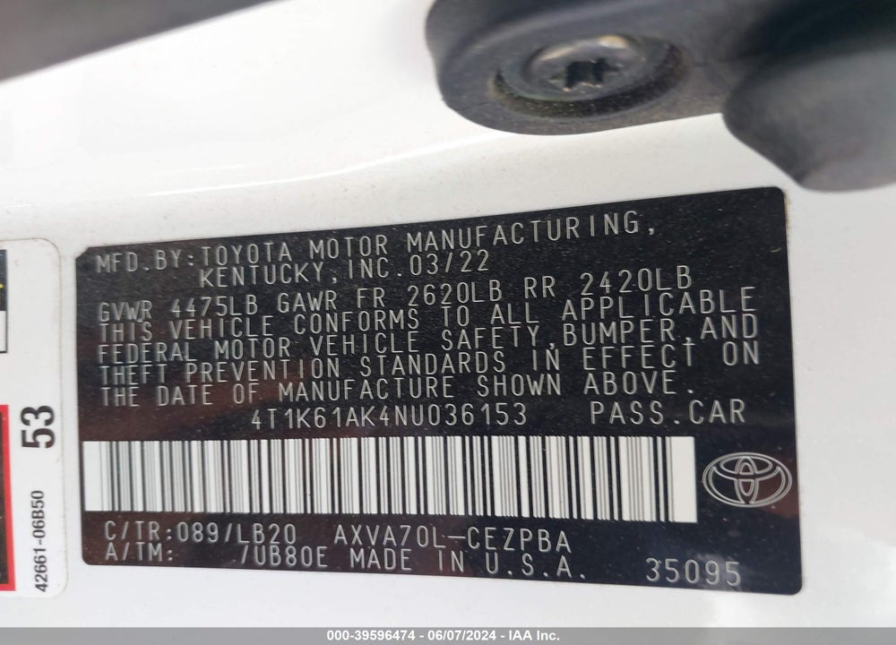 2022 TOYOTA CAMRY XSE VIN: 4T1K61AK4NU036153