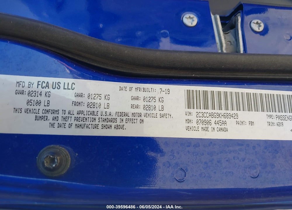 2019 CHRYSLER 300 300S VIN: 2C3CCABG9KH689429