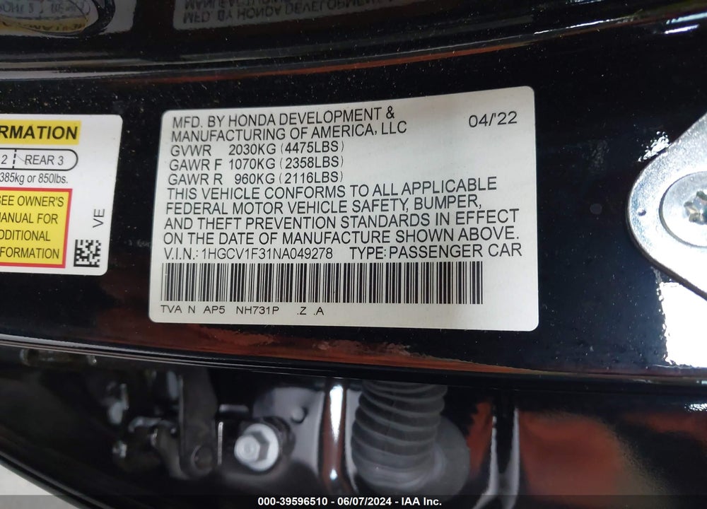 2022 HONDA ACCORD SPORT VIN: 1HGCV1F31NA049278