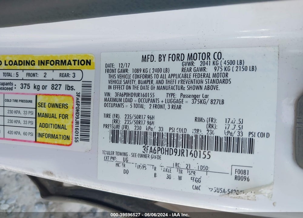 2018 FORD FUSION SE VIN: 3FA6P0HD9JR160155