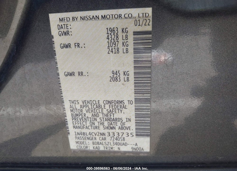 2022 NISSAN ALTIMA SR FWD VIN: 1N4BL4CV2NN333735