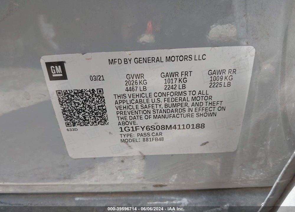 2021 CHEVROLET BOLT EV FWD LT VIN: 1G1FY6S08M4110188