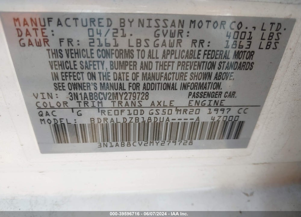 2021 NISSAN SENTRA SV XTRONIC CVT VIN: 3N1AB8CV2MY279728