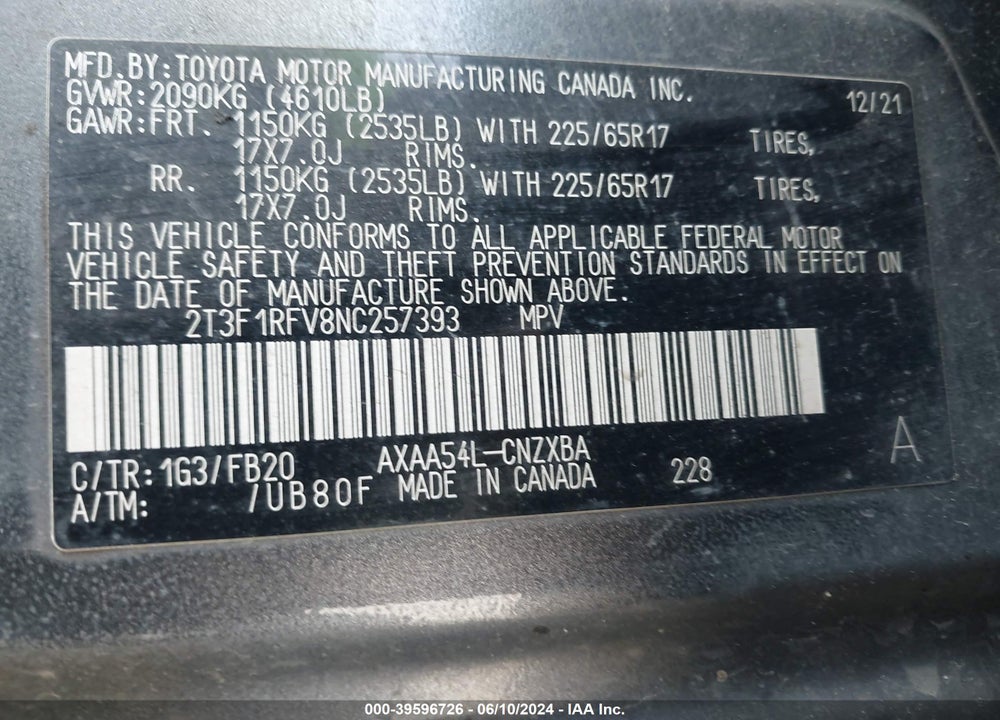 2022 TOYOTA RAV4 LE VIN: 2T3F1RFV8NC257393