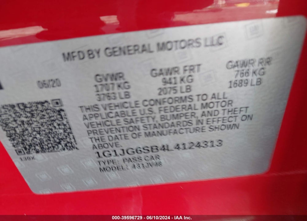2020 CHEVROLET SONIC FWD  1FL 5-DOOR VIN: 1G1JG6SB4L4124313