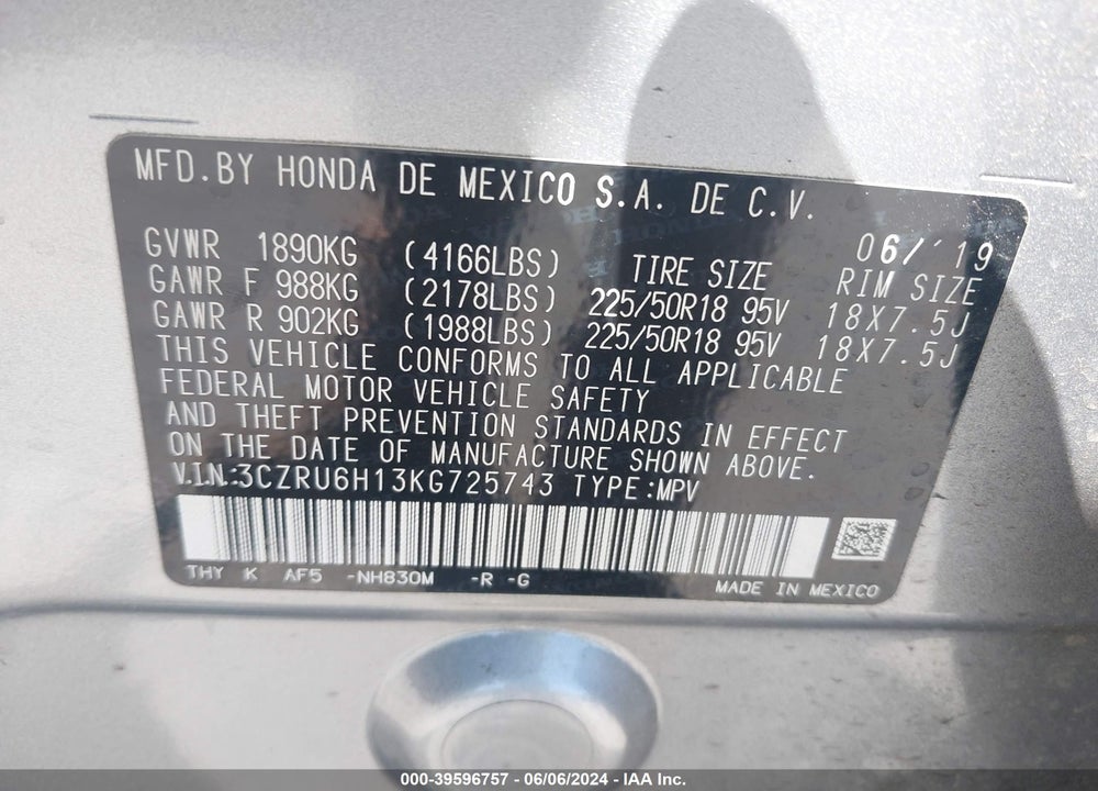 2019 HONDA HR-V SPORT VIN: 3CZRU6H13KG725743