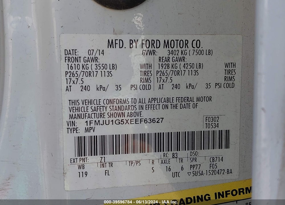 2014 FORD EXPEDITION XL VIN: 1FMJU1G5XEEF63627