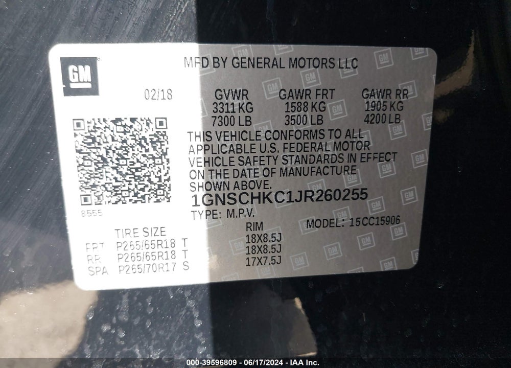 2018 CHEVROLET SUBURBAN VIN: 1GNSCHKC1JR260255