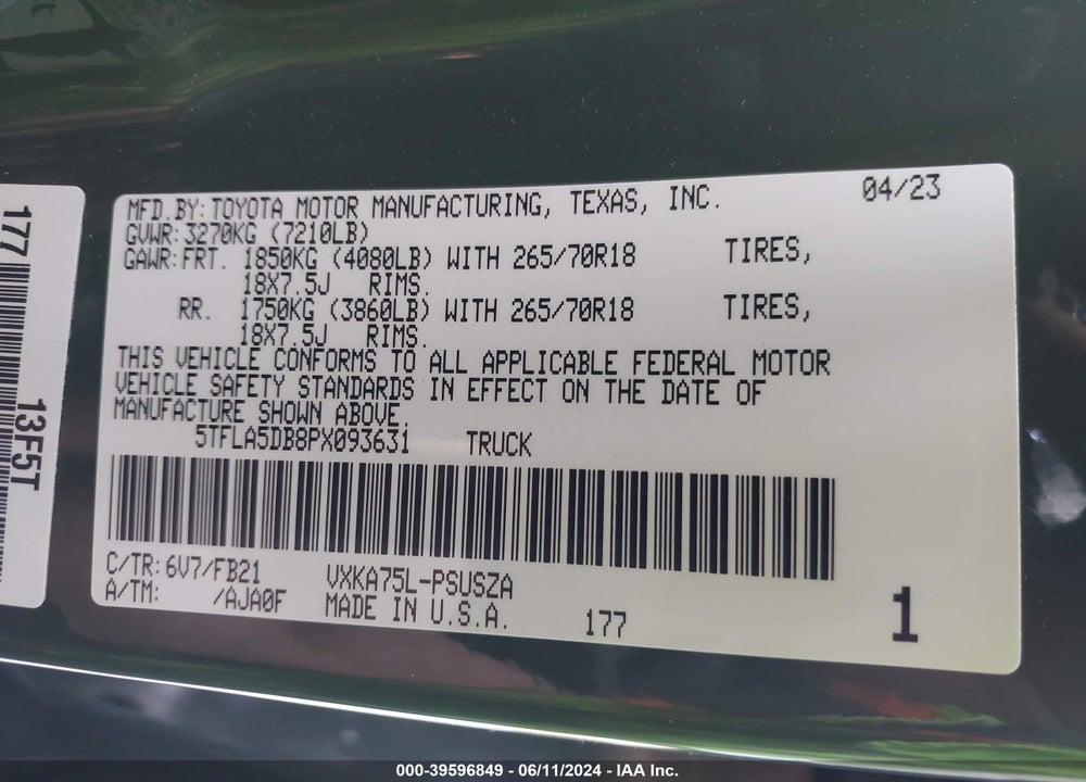 2023 TOYOTA TUNDRA SR5 VIN: 5TFLA5DB8PX093631
