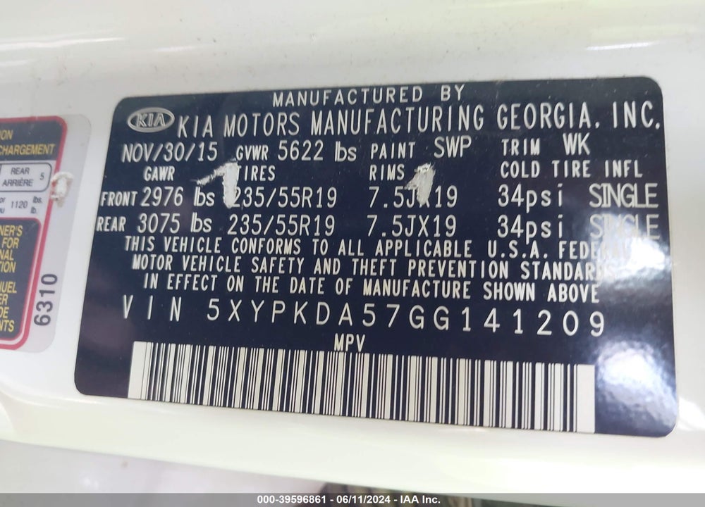 2016 KIA SORENTO 3.3L SXL VIN: 5XYPKDA57GG141209