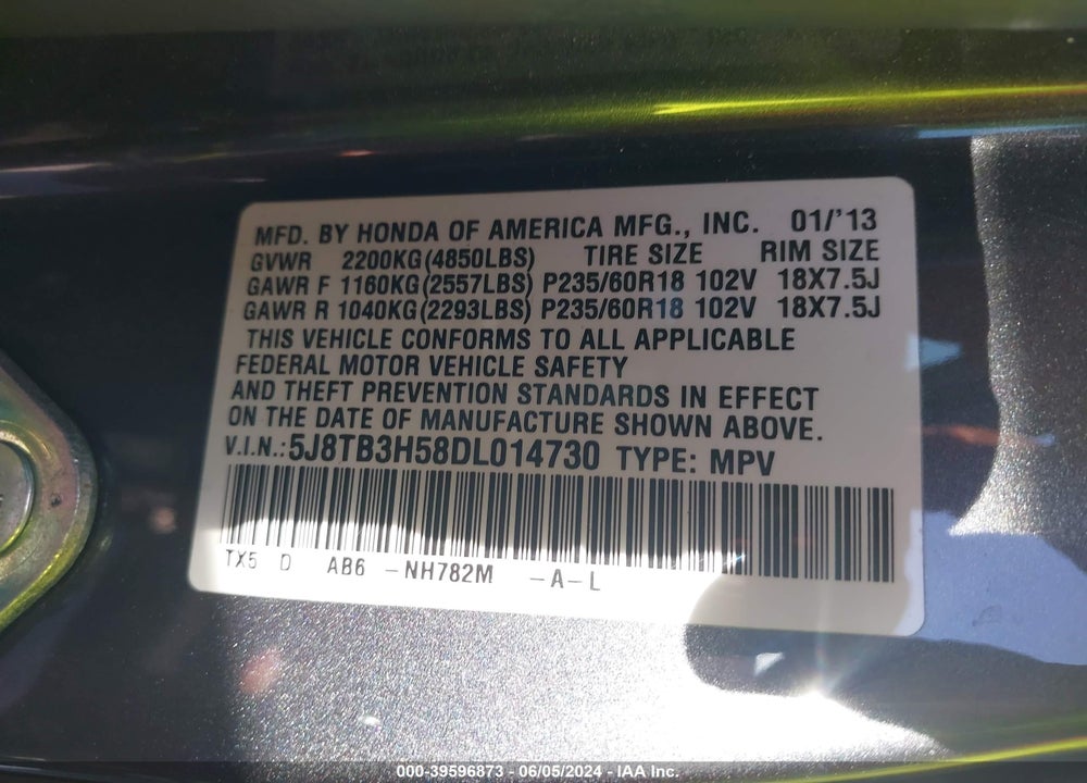 2013 ACURA RDX VIN: 5J8TB3H58DL014730