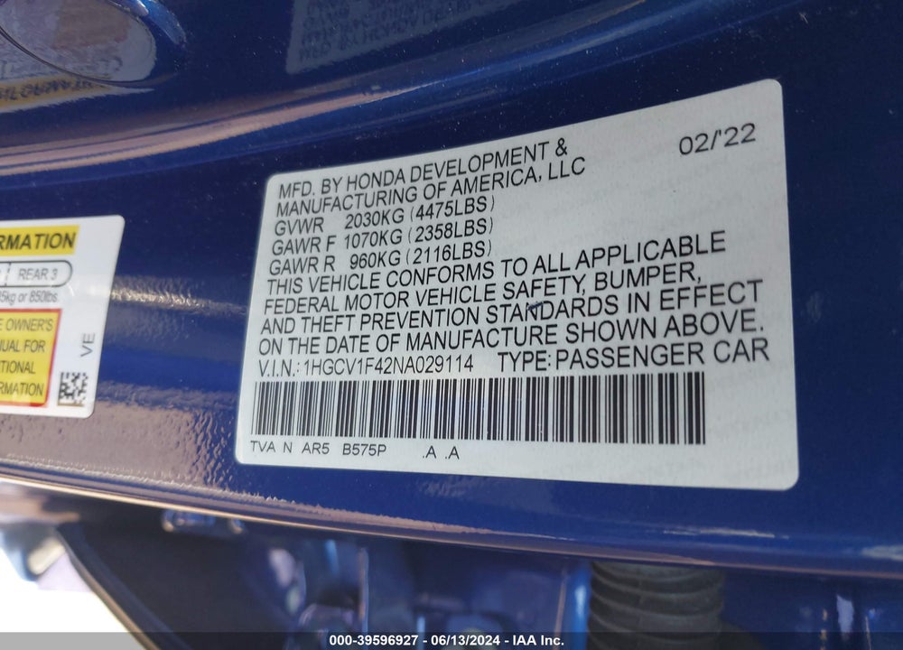 2022 HONDA ACCORD SPORT SPECIAL EDITION VIN: 1HGCV1F42NA029114