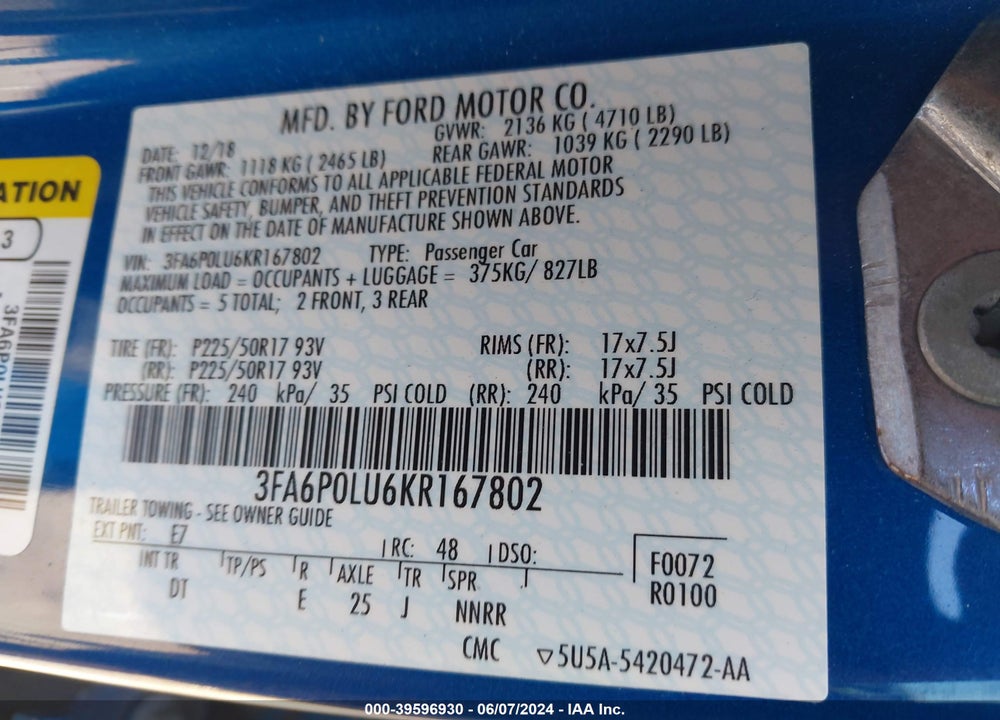 2019 FORD FUSION HYBRID SE VIN: 3FA6P0LU6KR167802