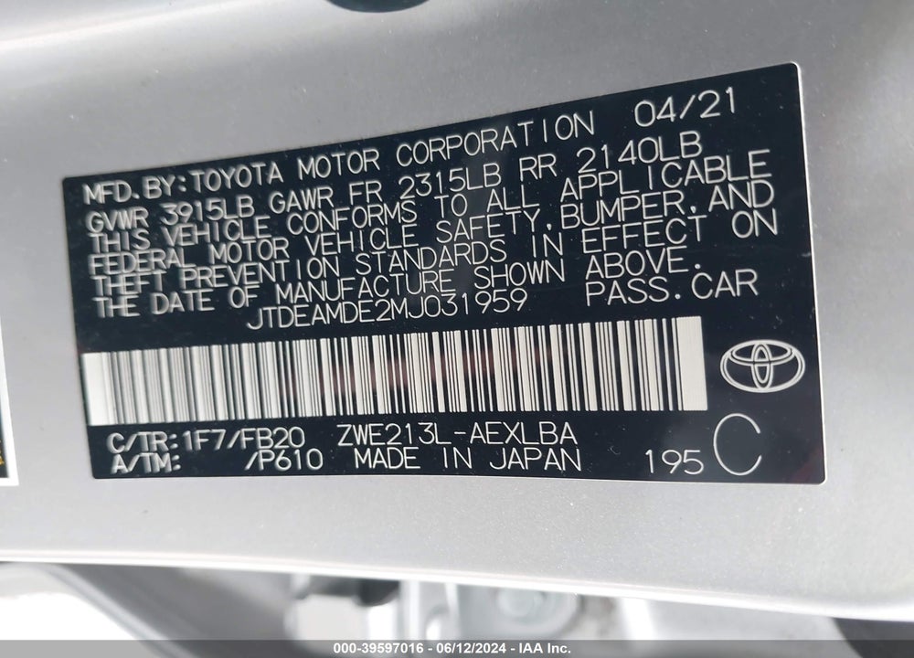 2021 TOYOTA COROLLA VIN: JTDEAMDE2MJ031959