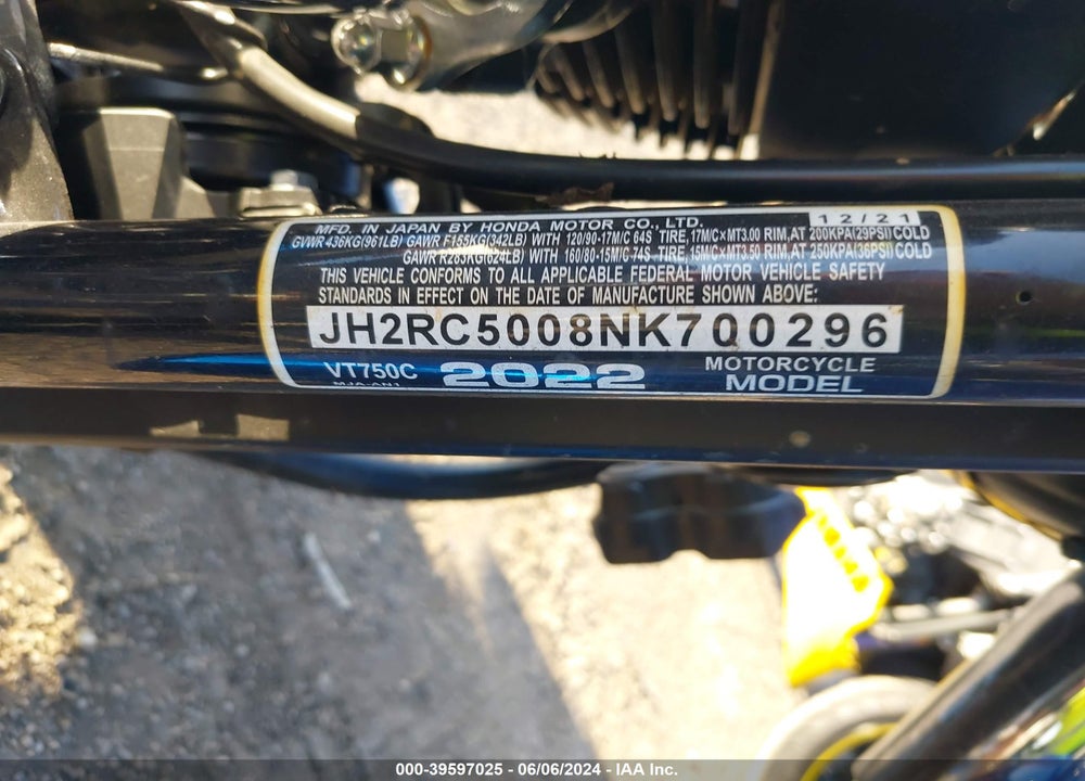 2022 HONDA VT750 C VIN: JH2RC5008NK700296