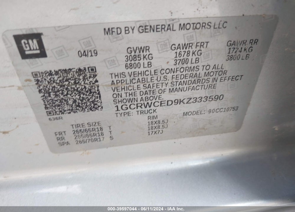 2019 CHEVROLET SILVERADO 1500 LT VIN: 1GCRWCED9KZ333590