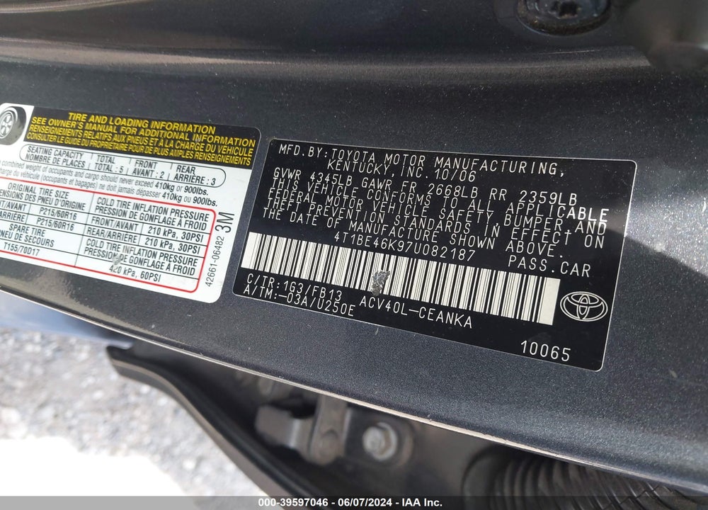 2007 TOYOTA CAMRY LE VIN: 4T1BE46K97U082187