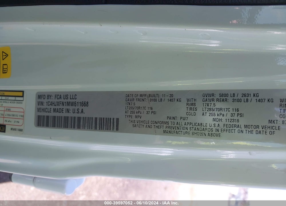 2021 JEEP WRANGLER UNLIMITED RUBICON 4X4 VIN: 1C4HJXFN1MW611668